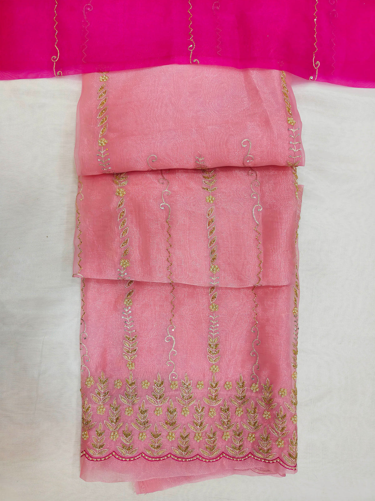 Pastel Pink Organza Handwork Unstitched Suit Set Organza Handwork Unstitched Suit Set with Hot Pink Dupatta