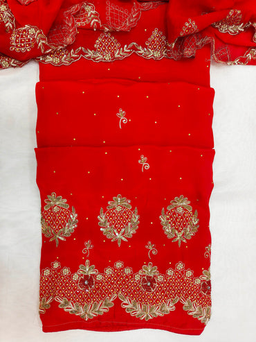 Crepe Handwork Unstitched Suit Set Crimson Red