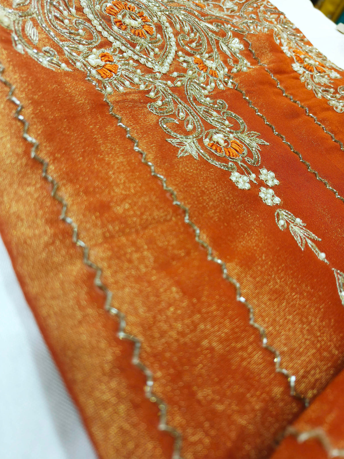 Shimmer Organza Handwork Unstitched Suit Set Rust Orange
