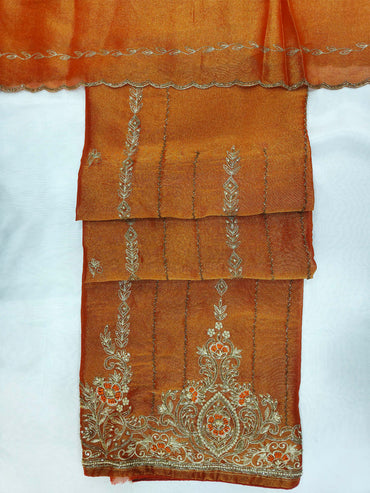 Shimmer Organza Handwork Unstitched Suit Set Rust Orange