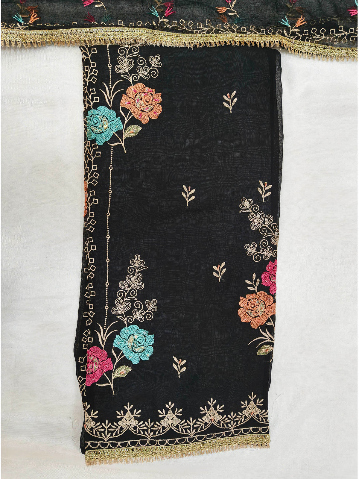 Organza Floral Embroidered Unstitched Suit Set with Chiffon Dupatta