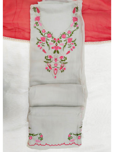Twill Floral Embroidered Unstitched Suit Set Light Grey