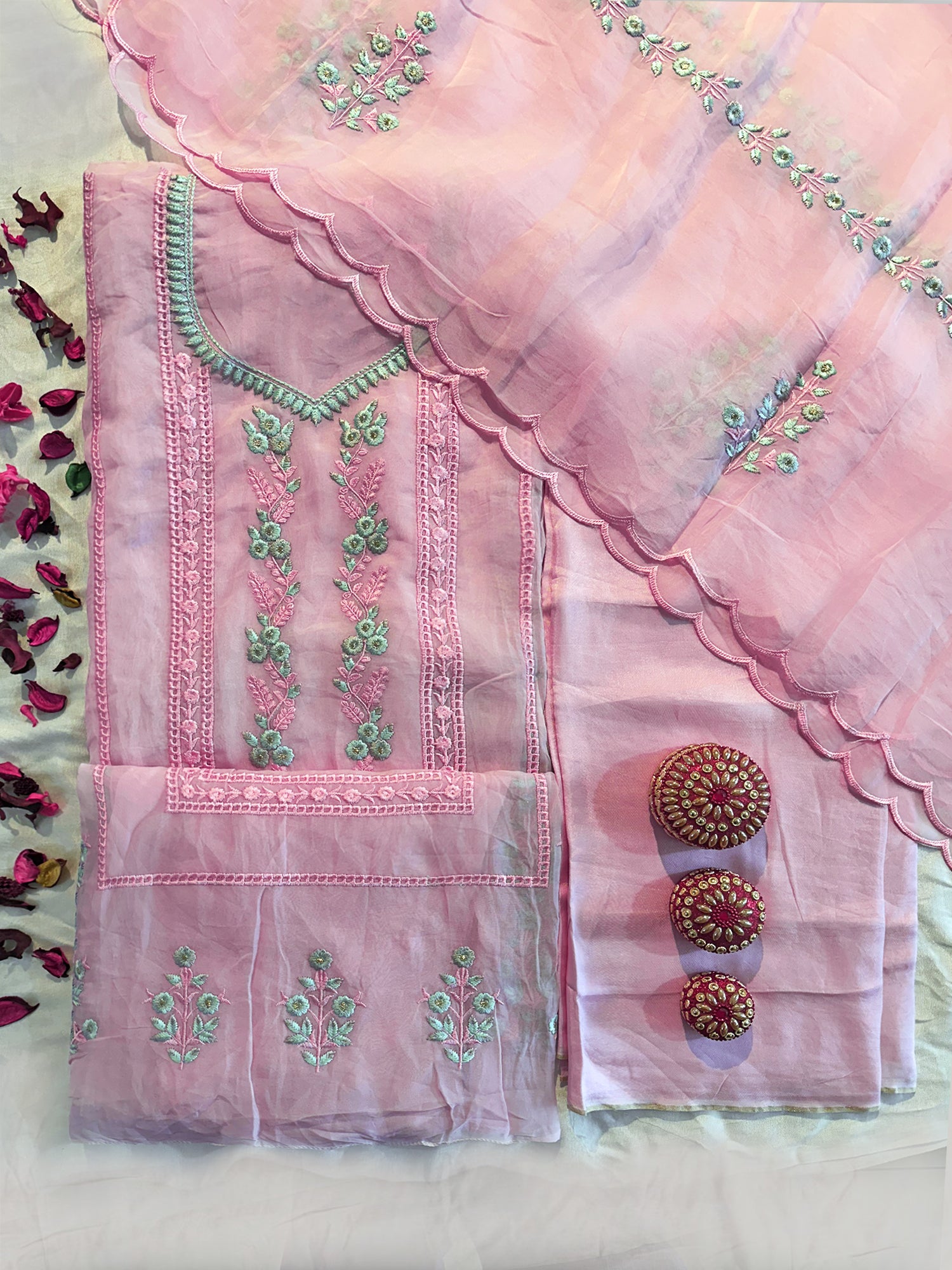 Baby Pink Viscose Organza Unstitched Suit Set
