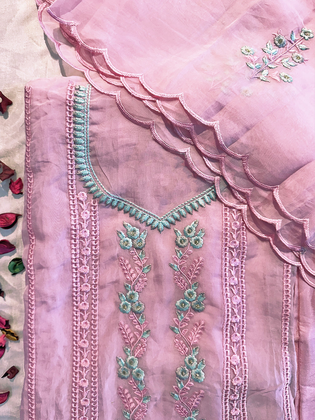 Baby Pink Viscose Organza Unstitched Suit Set