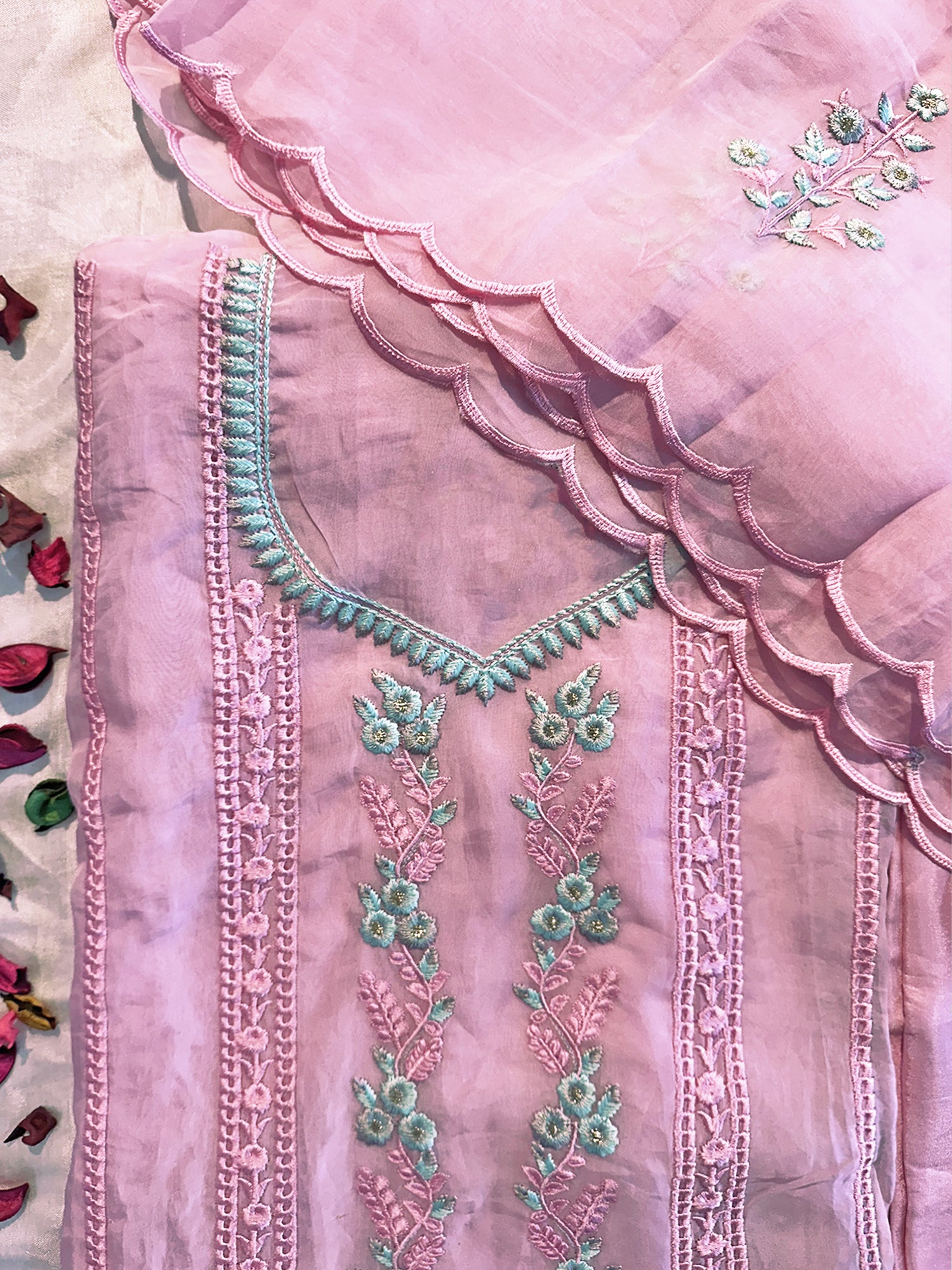 Baby Pink Viscose Organza Unstitched Suit Set