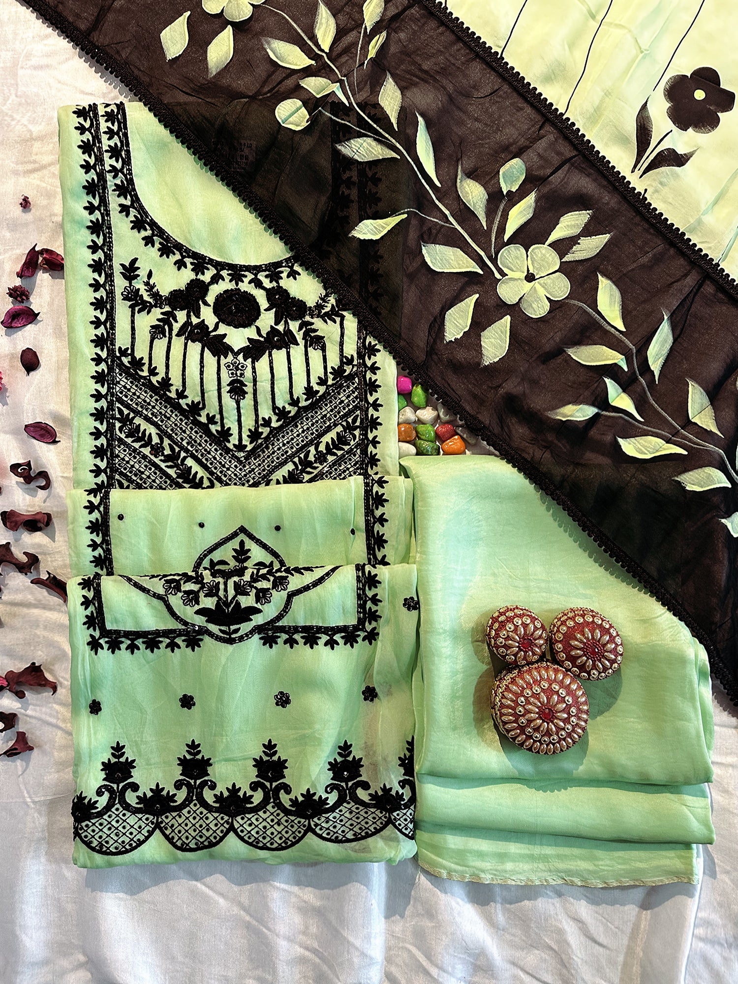 Mint Green Viscose Organza Unstitched Suit Set