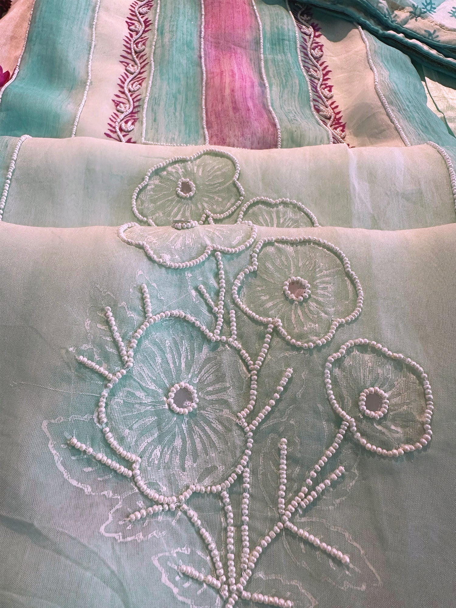 Light Blue Viscose Organza Unstitched Suit Set