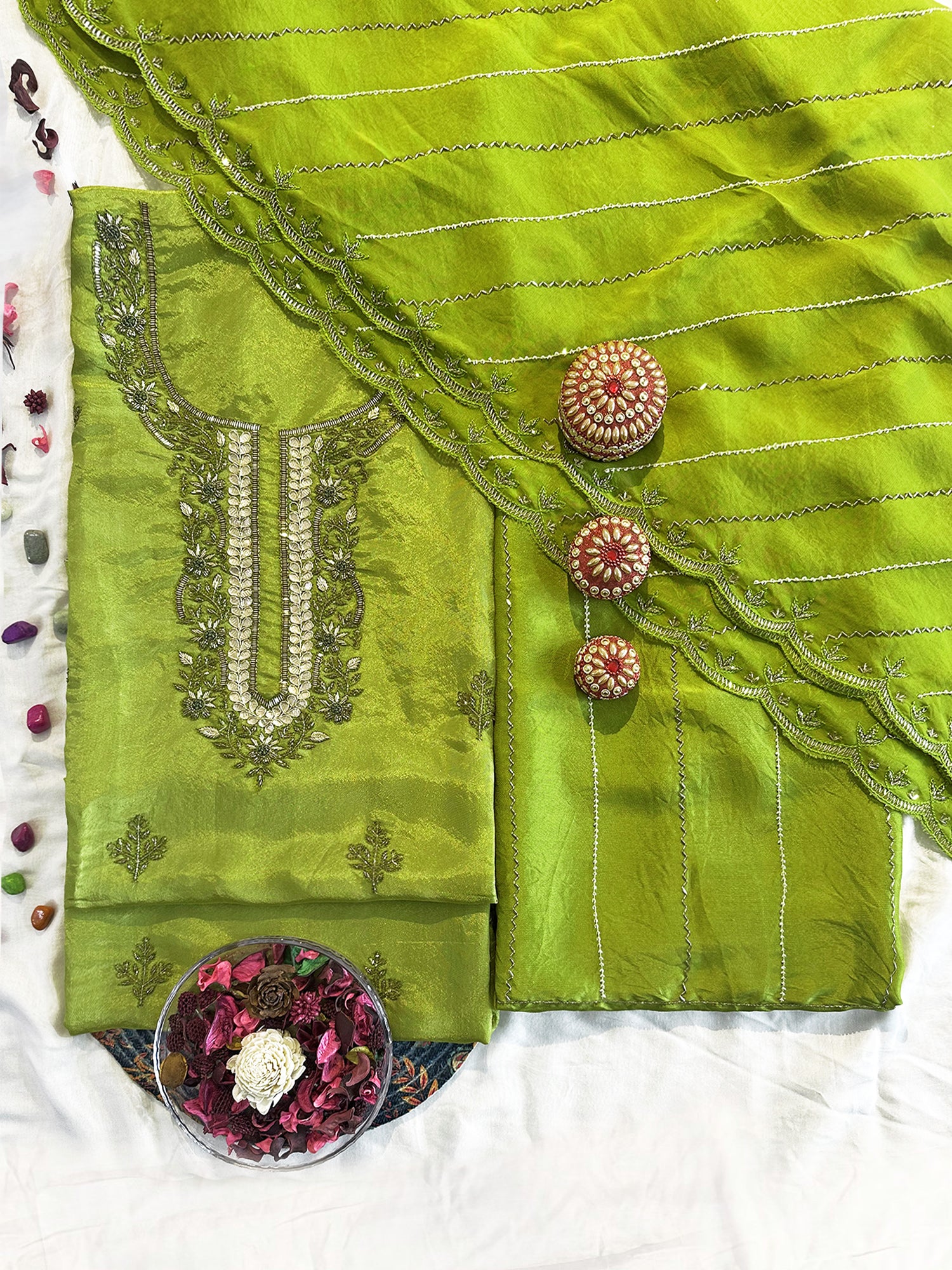 Mehndi Green Shimmer Silk Unstitched Suit Set