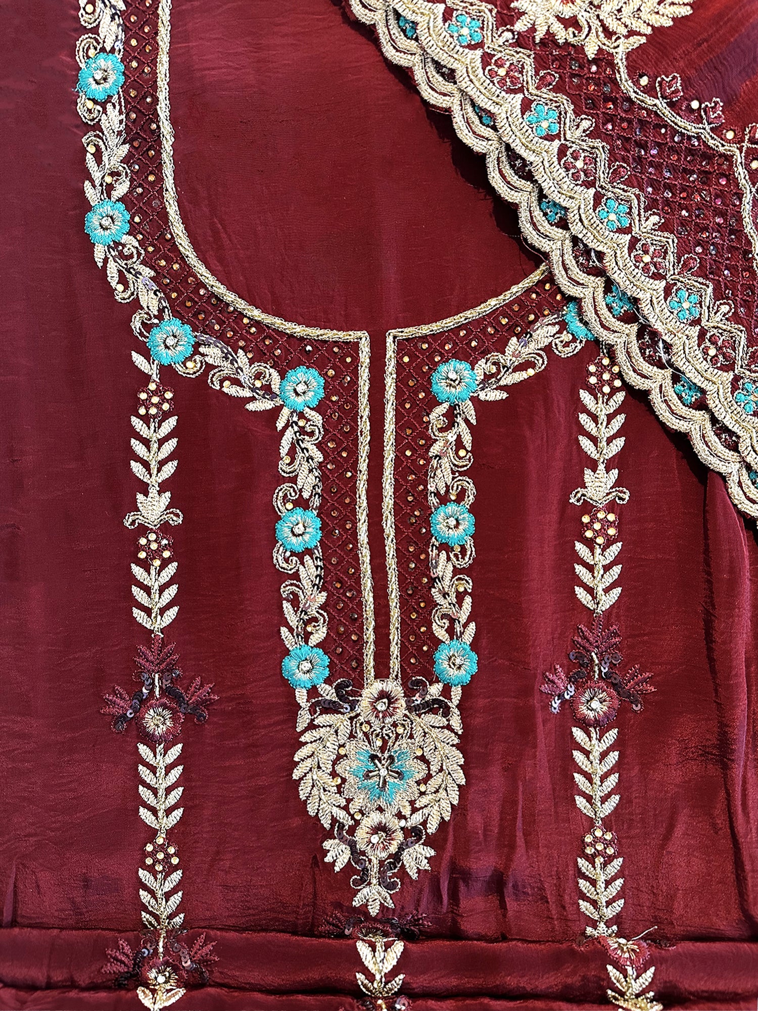 Crepe Silk Fabric Dark Maroon Unstitched Suit Set