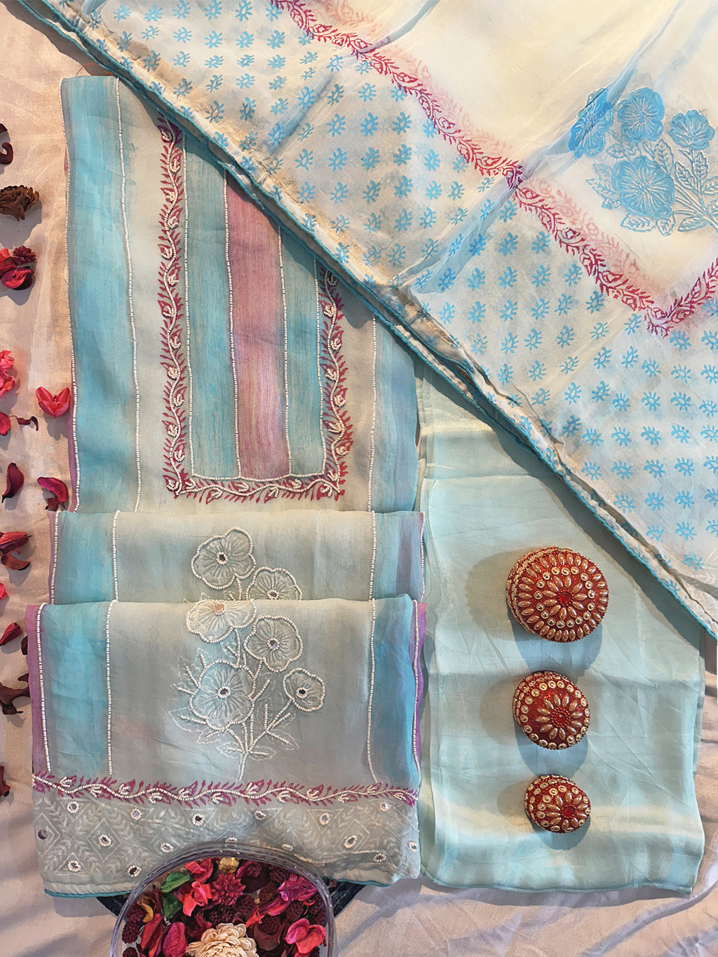 Light Blue Viscose Organza Unstitched Suit Set