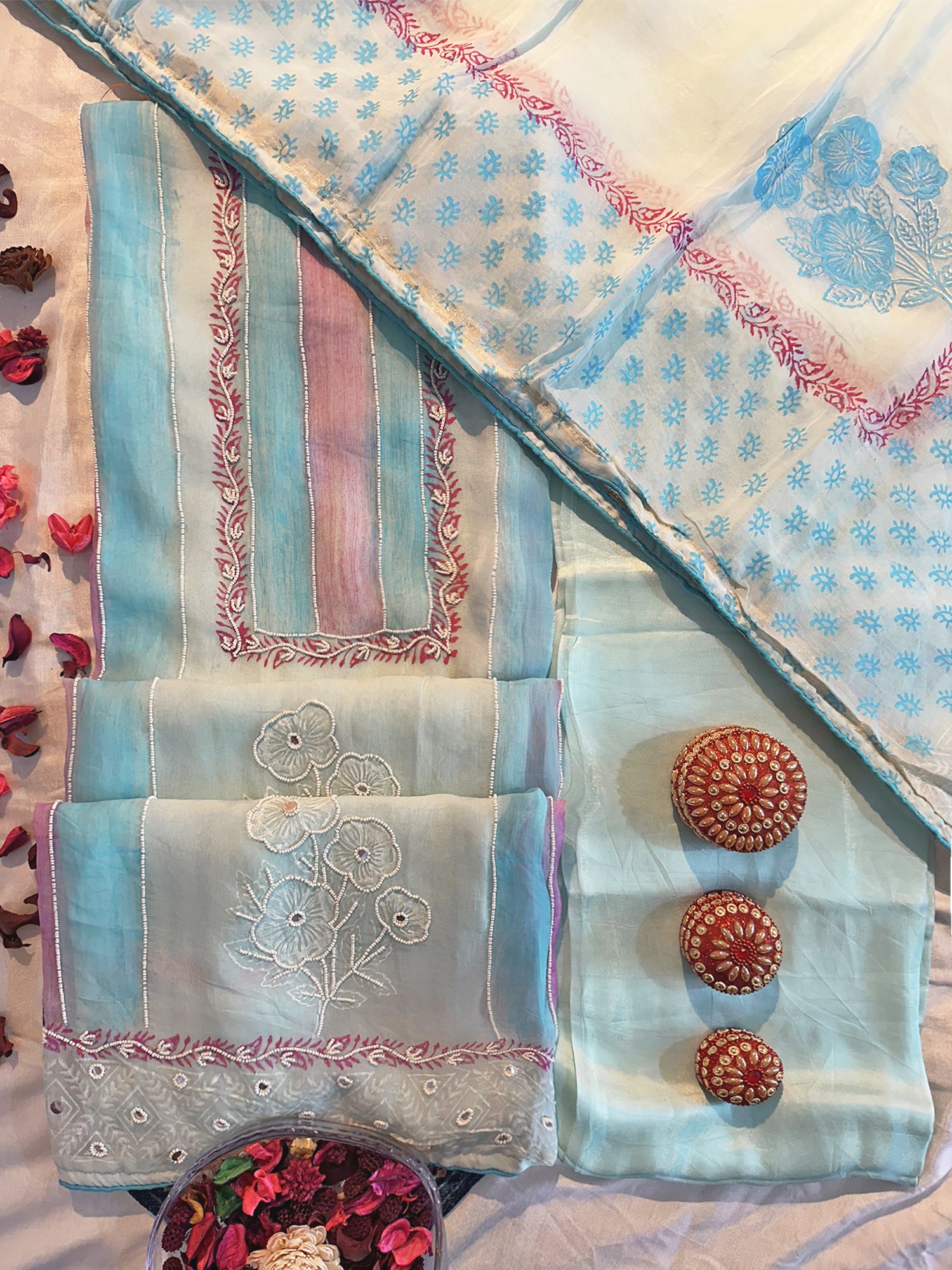 Light Blue Viscose Organza Unstitched Suit Set