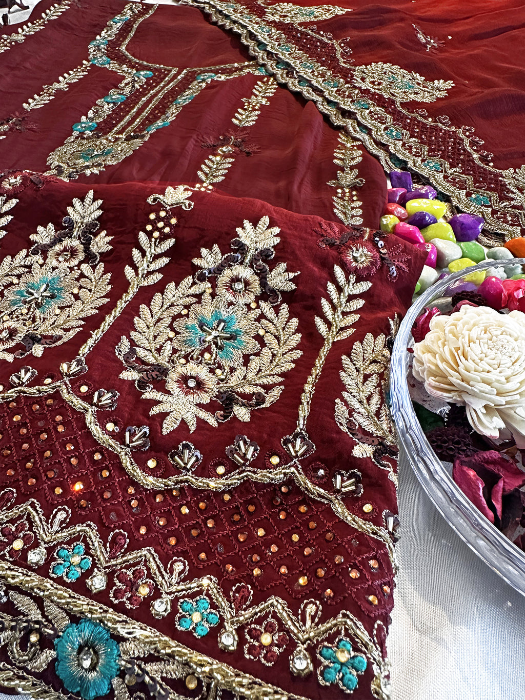 Crepe Silk Fabric Dark Maroon Unstitched Suit Set