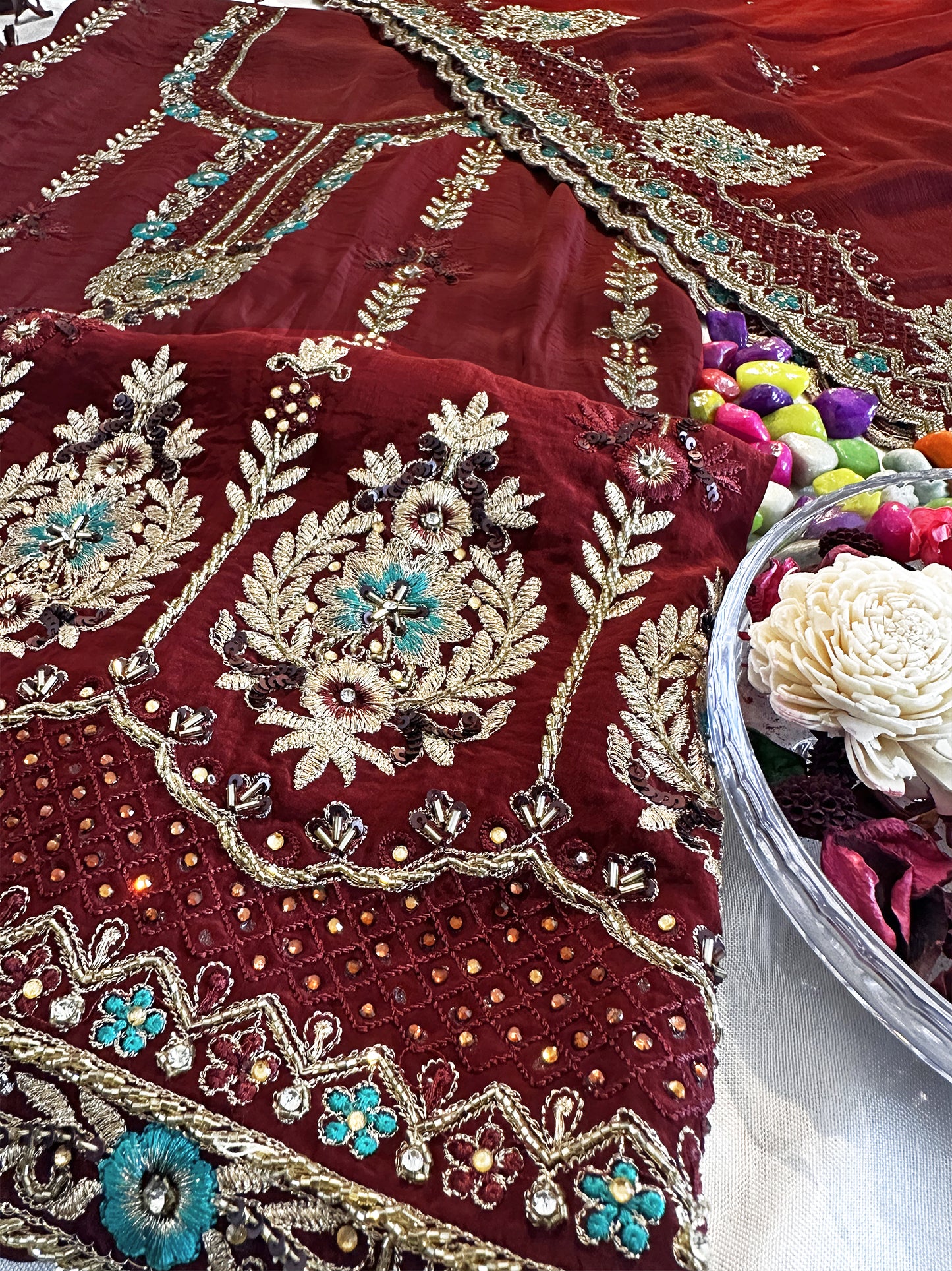 Crepe Silk Fabric Dark Maroon Unstitched Suit Set