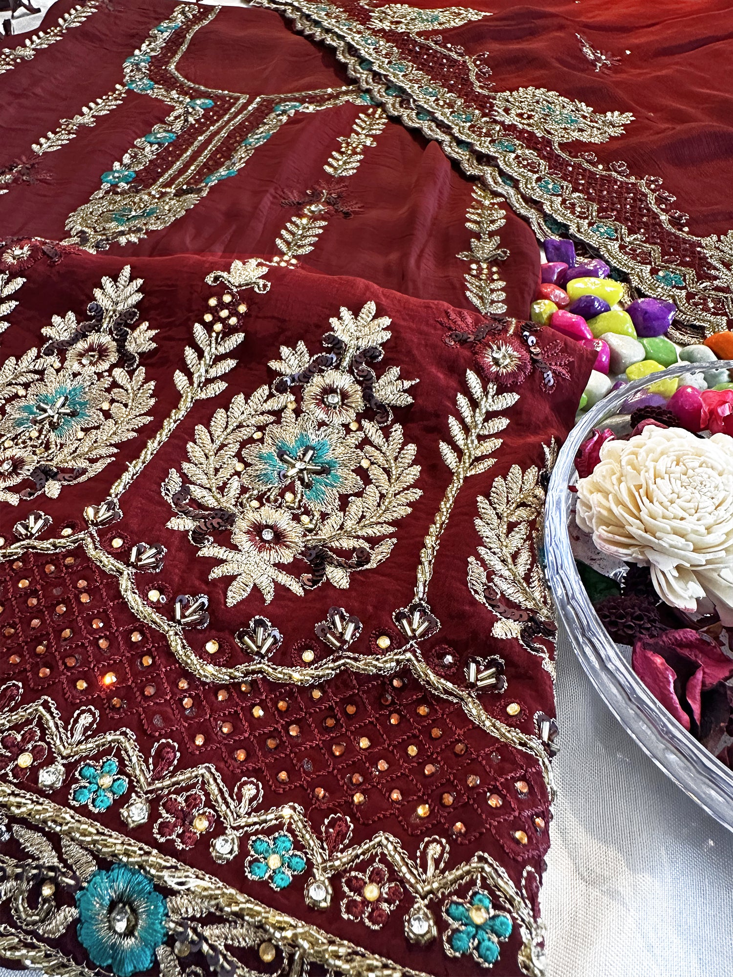 Crepe Silk Fabric Dark Maroon Unstitched Suit Set