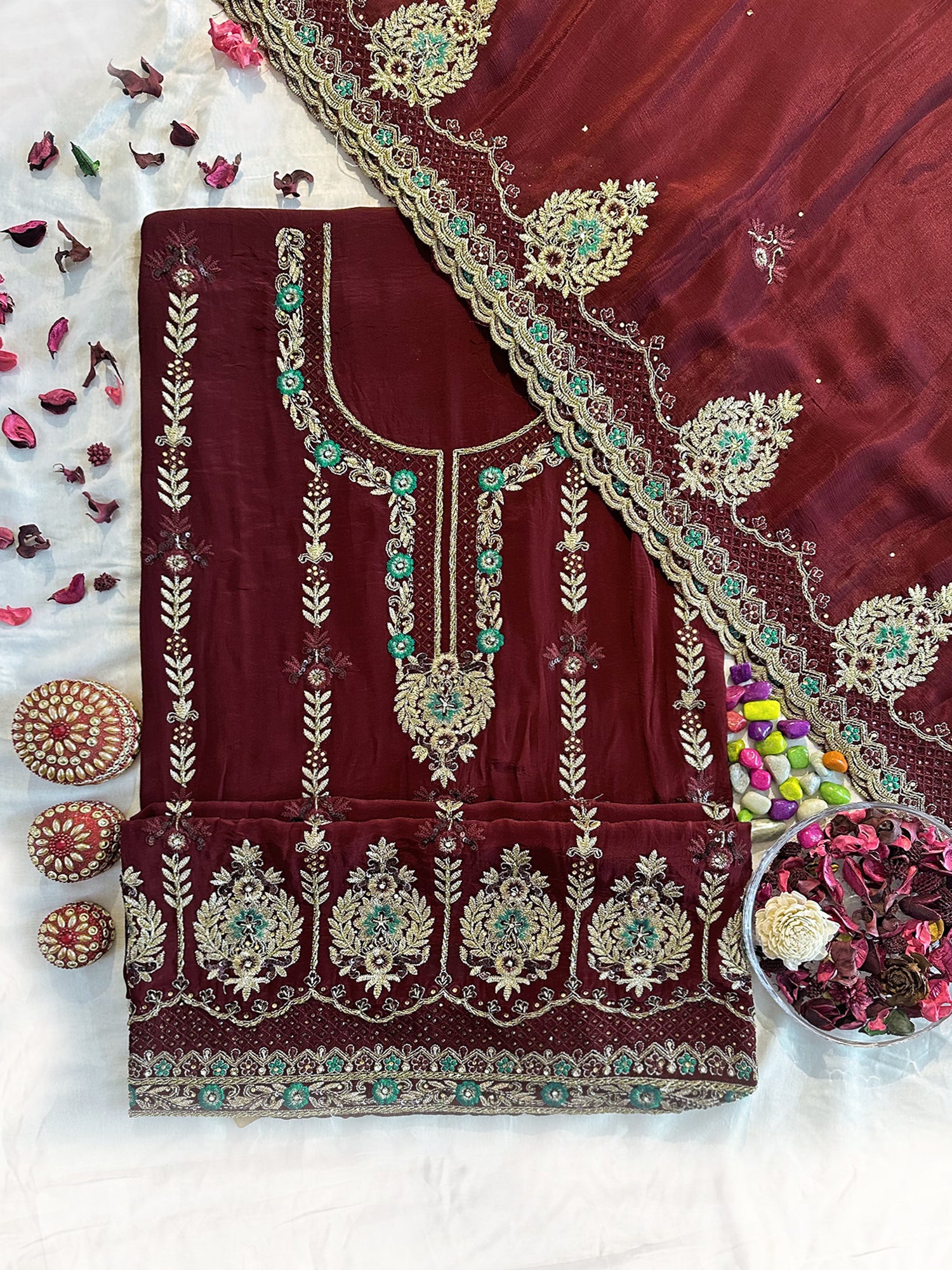 Crepe Silk Fabric Dark Maroon Unstitched Suit Set
