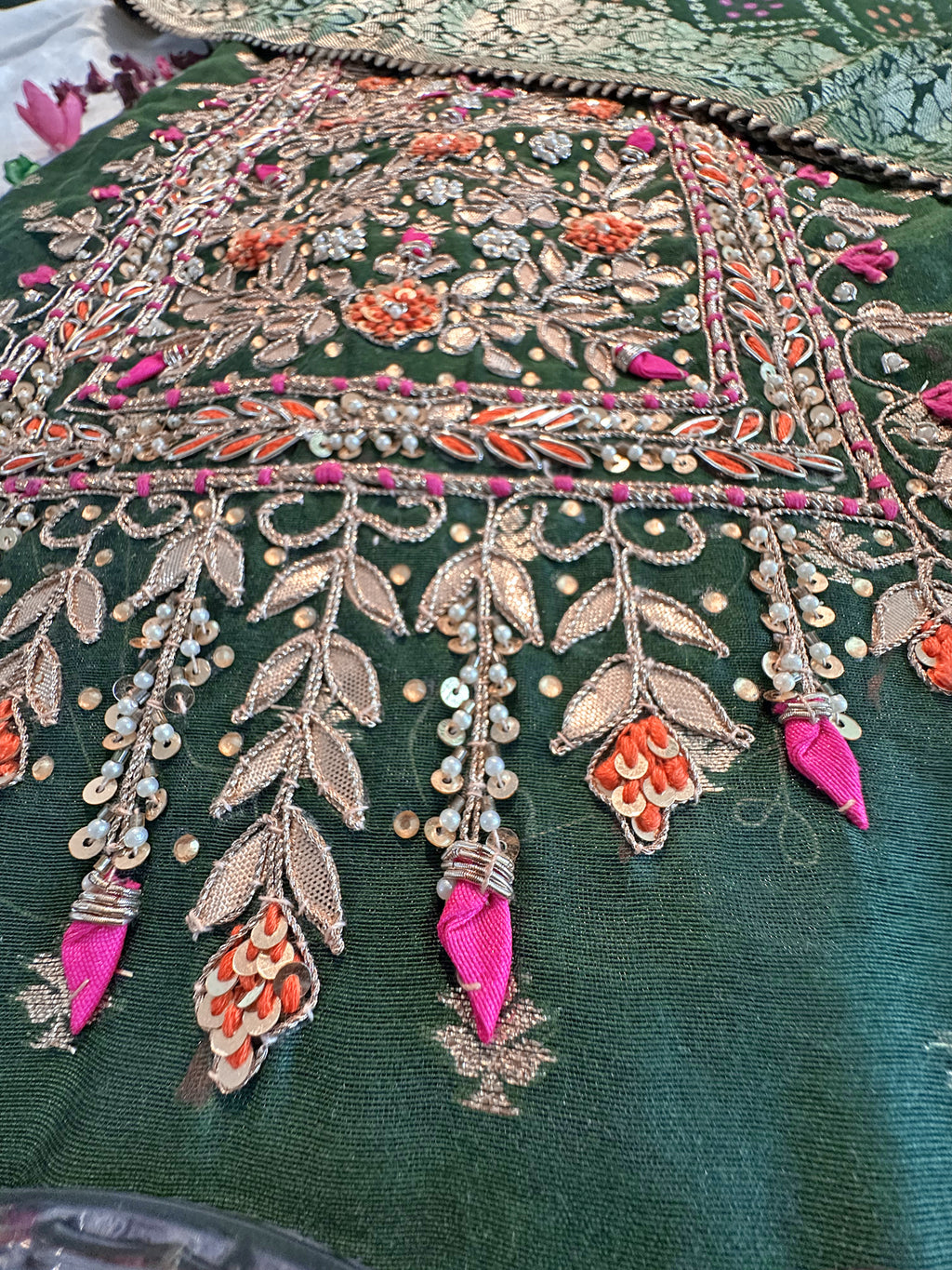 Jacquard Silk Unstitched Suit Set (Green and Red colors)