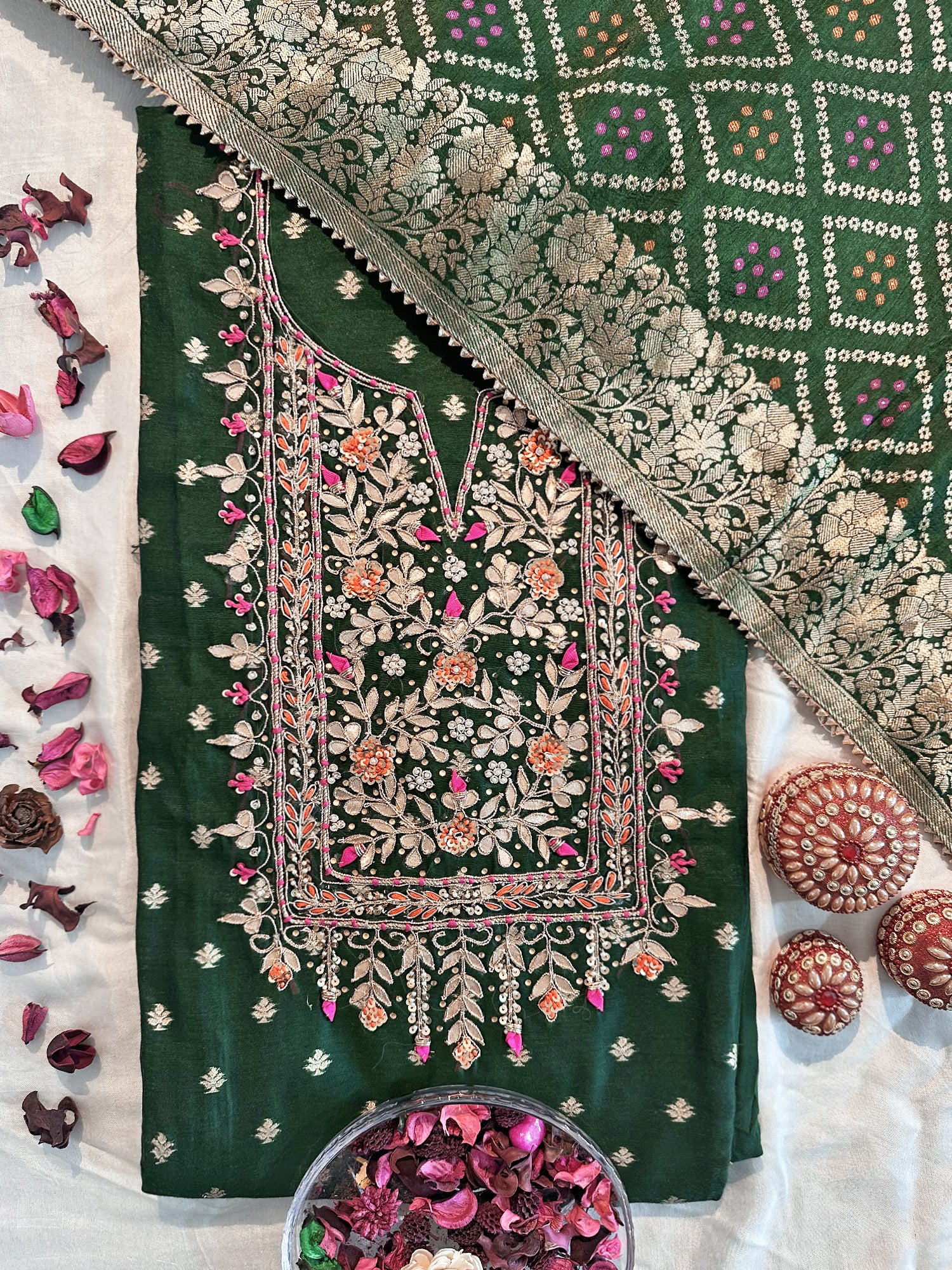 Jacquard Silk Unstitched Suit Set (Green and Red colors)