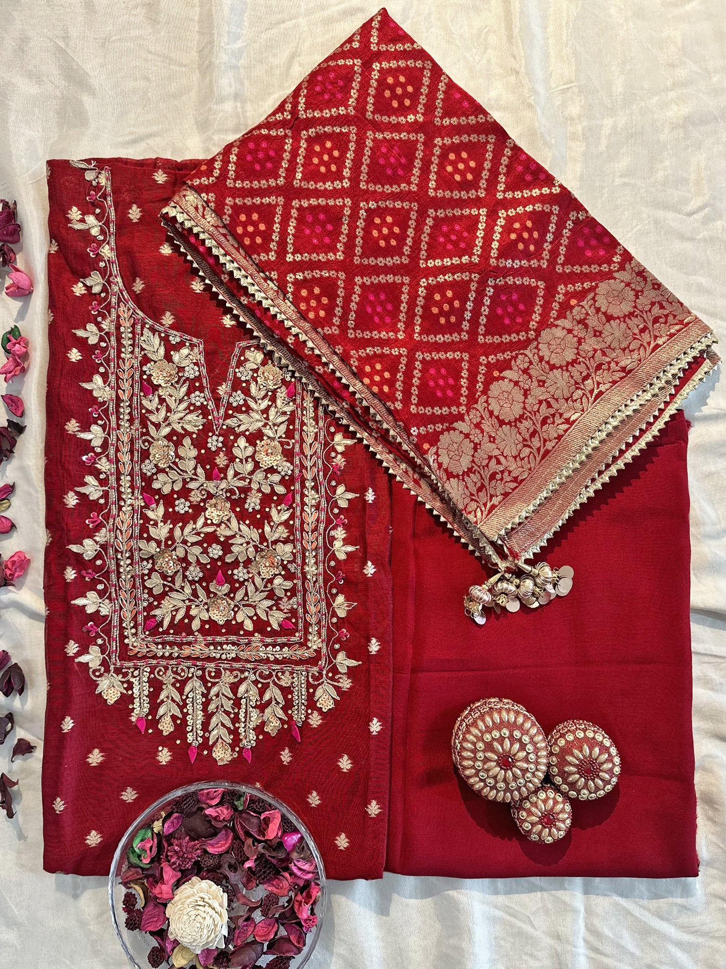 Jacquard Silk Unstitched Suit Set (Green and Red colors)