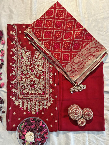 Jacquard Silk Unstitched Suit Set (Green and Red colors)