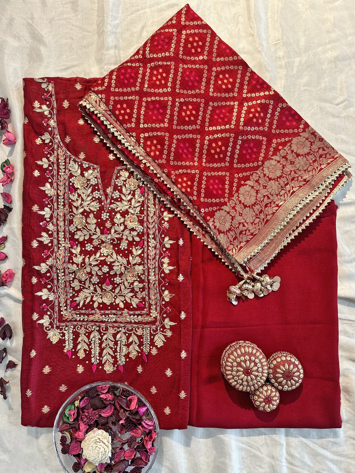Jacquard Silk Unstitched Suit Set (Green and Red colors)