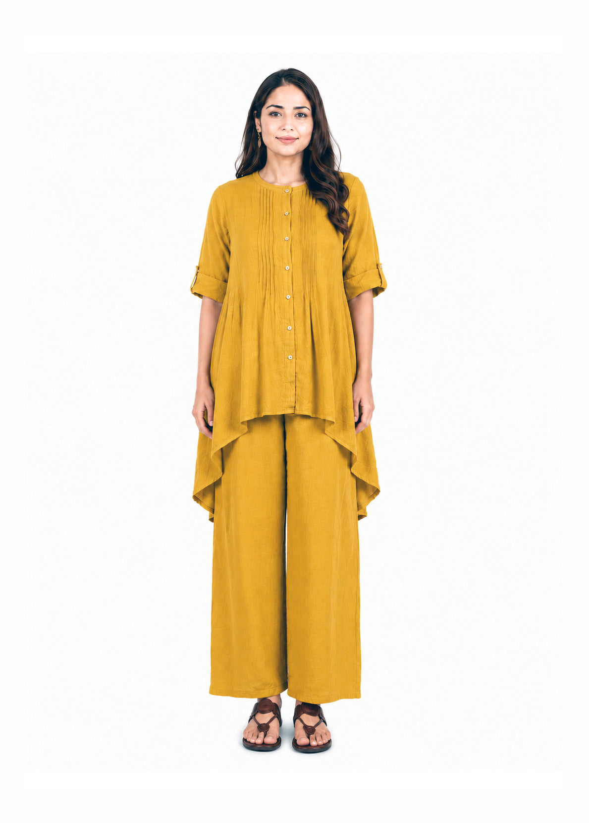 Casual Linen-Blend Pintuck Fusion Kurta Pant Set - Indigo Blue