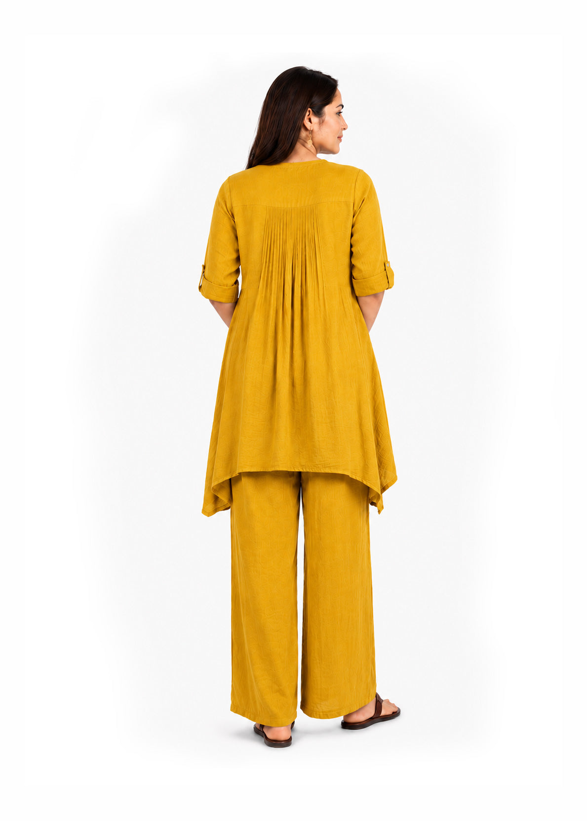 Casual Linen-Blend Pintuck Fusion Kurta Pant Set - Indigo Blue