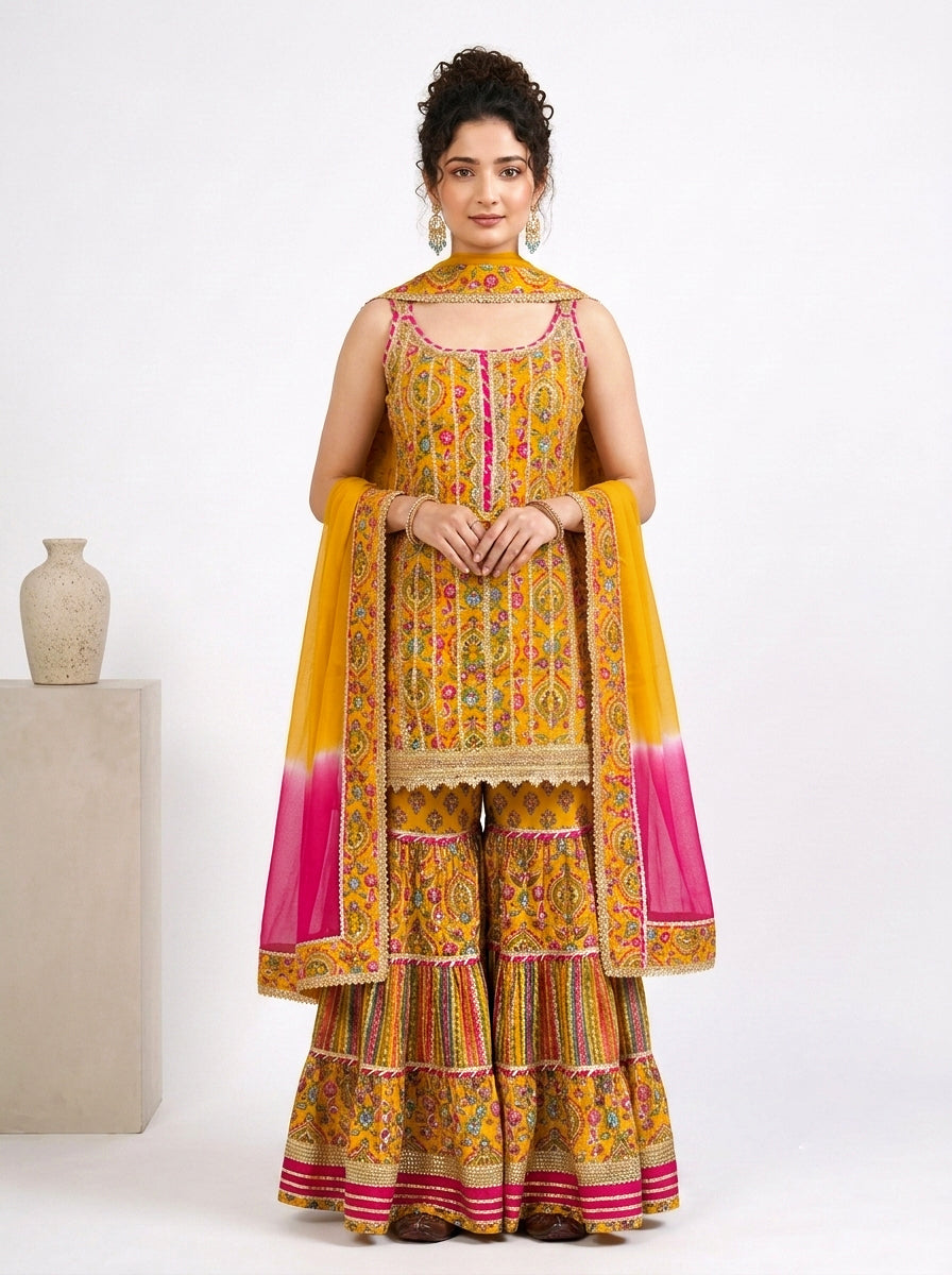 Embroidered Floral Sharara Suit Set with Ombre Dupatta – Peacock Blue & Mustard Yellow